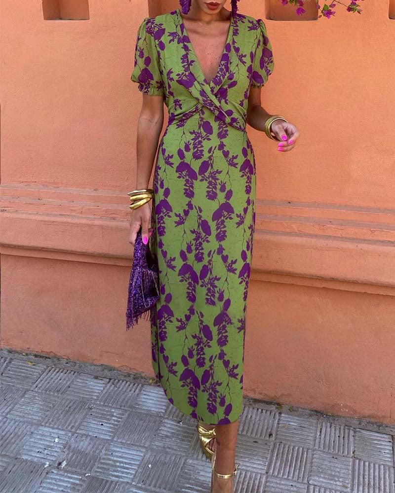 Puff Sleeve Leaf Dress