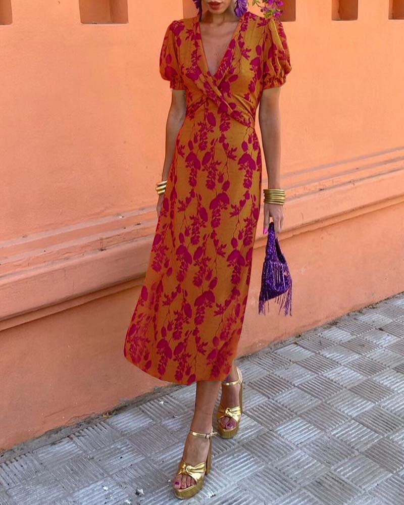 Puff Sleeve Leaf Dress