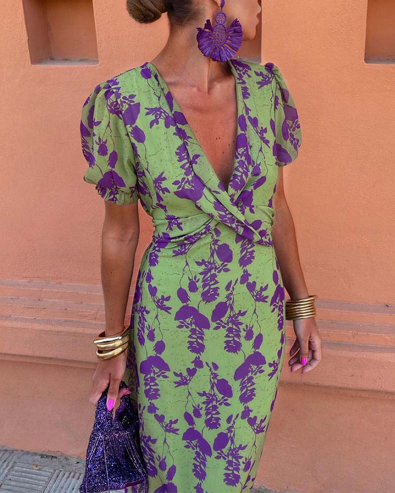 Puff Sleeve Leaf Dress