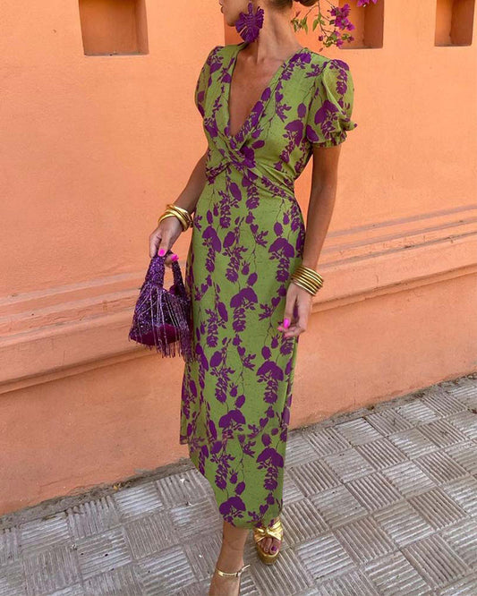 Puff Sleeve Leaf Dress