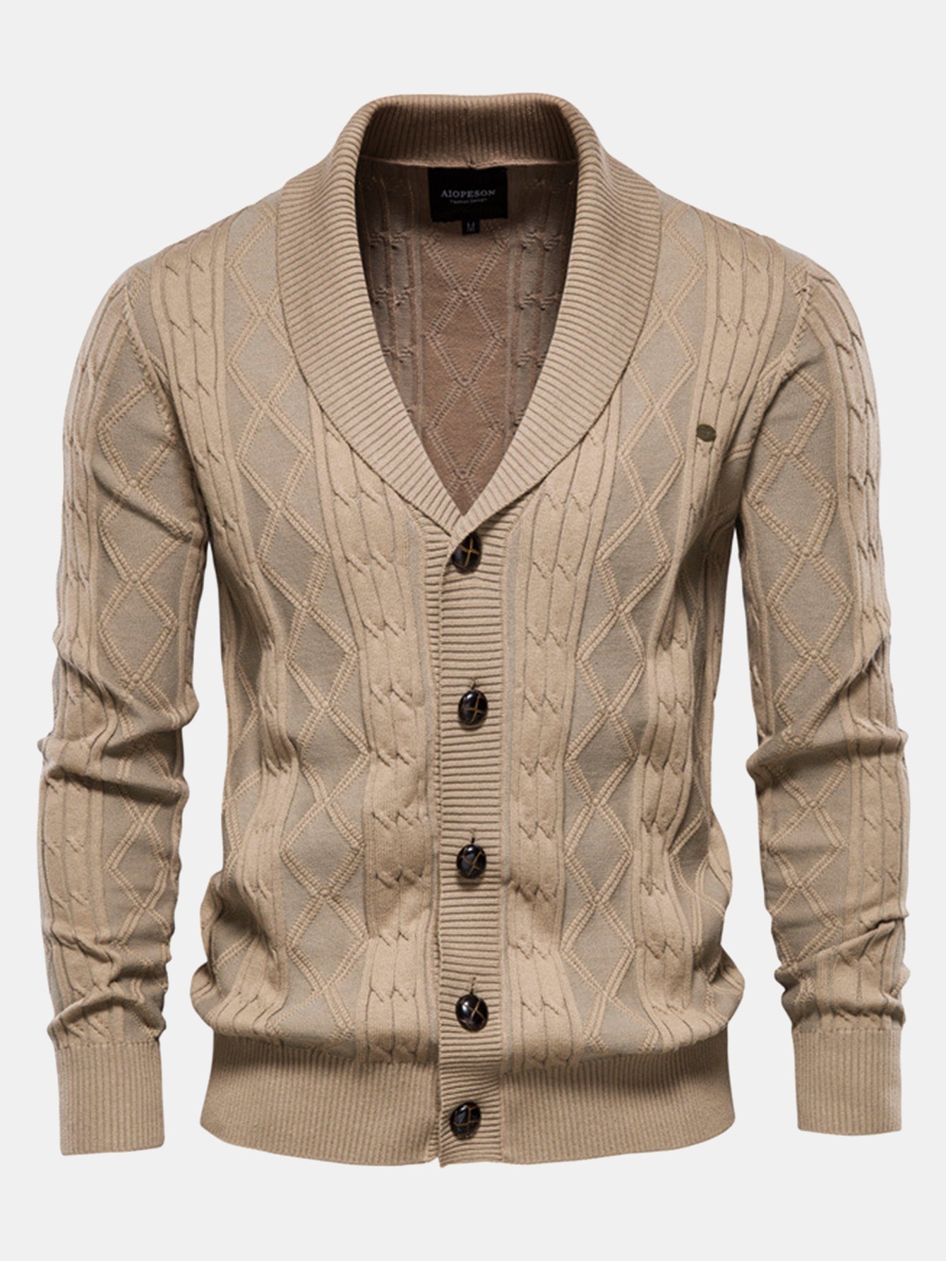 Geometric Jacquard Cardigan with Shawl Collar