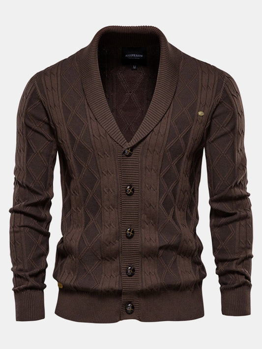 Geometric Jacquard Cardigan with Shawl Collar