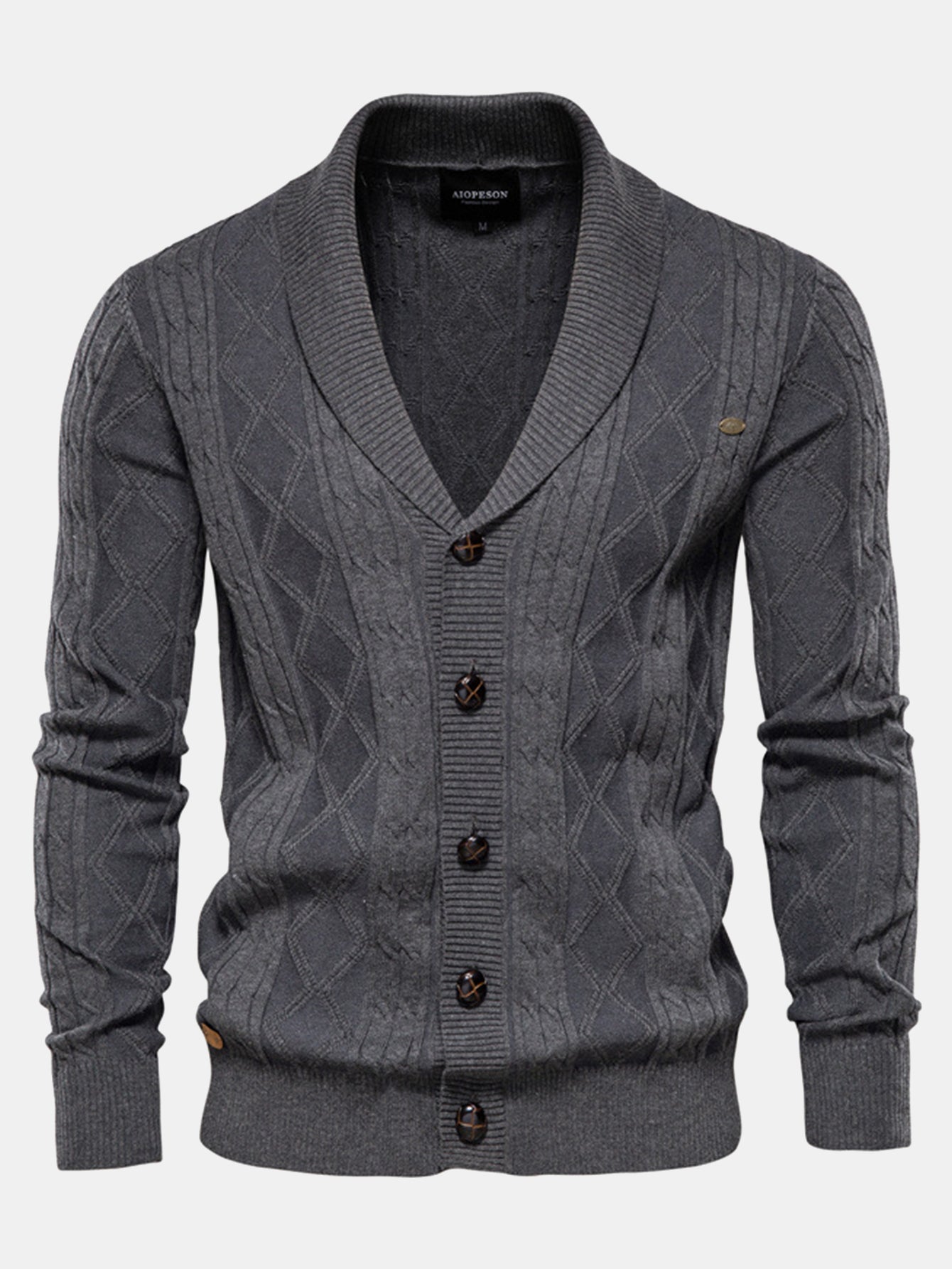 Geometric Jacquard Cardigan with Shawl Collar