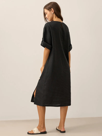 Linen Round Neck Button