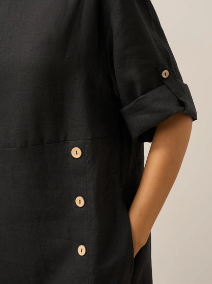 Linen Round Neck Button