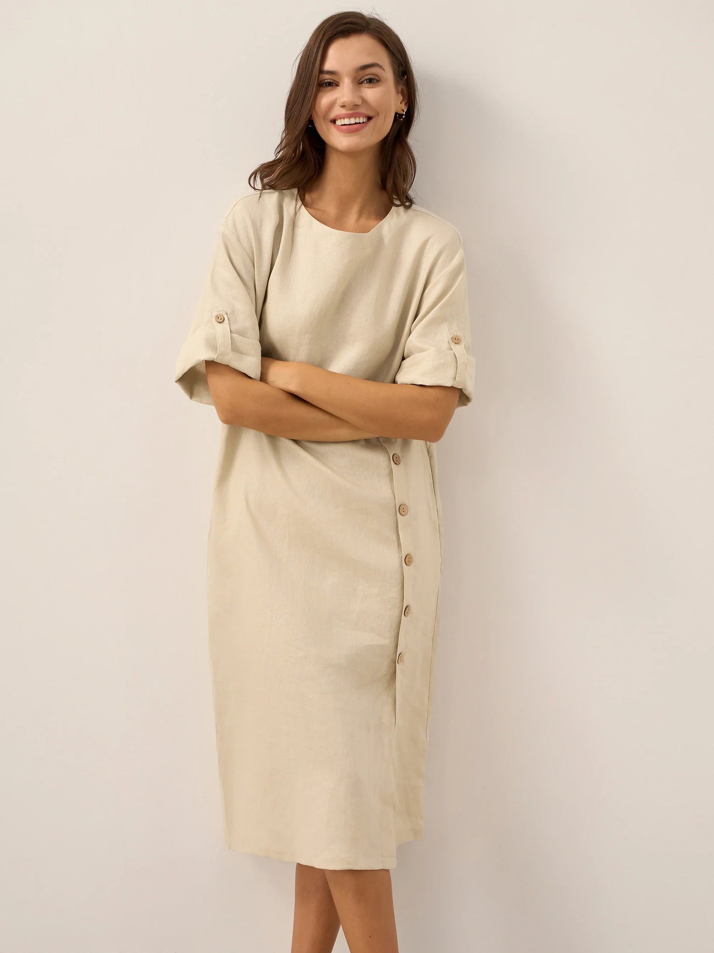 Linen Round Neck Button