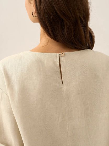 Linen Round Neck Button