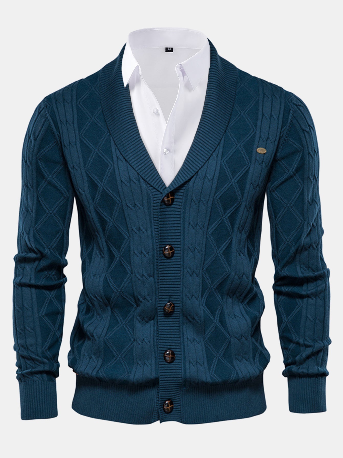 Geometric Jacquard Cardigan with Shawl Collar
