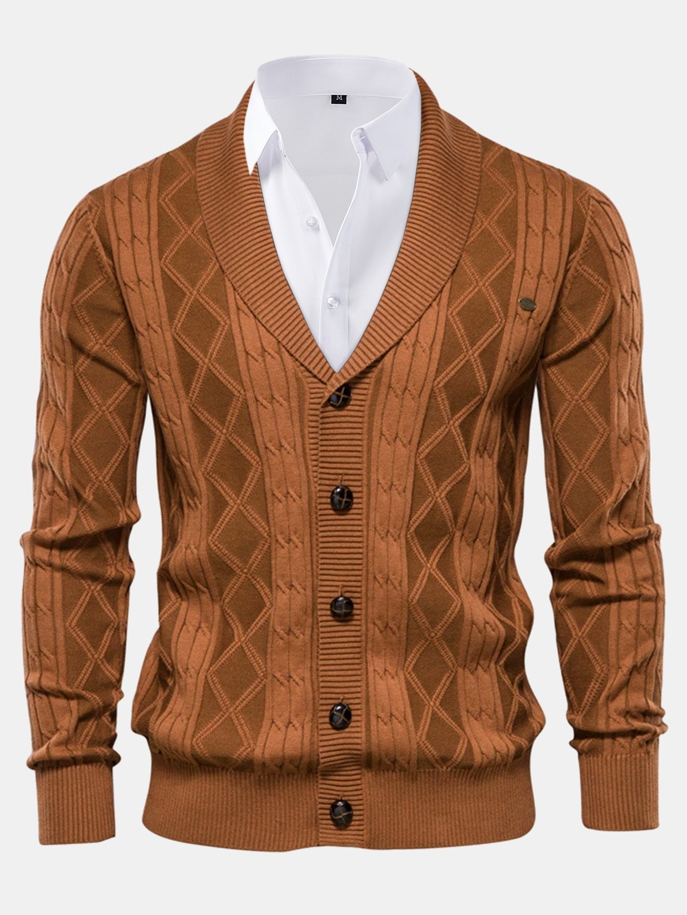 Geometric Jacquard Cardigan with Shawl Collar