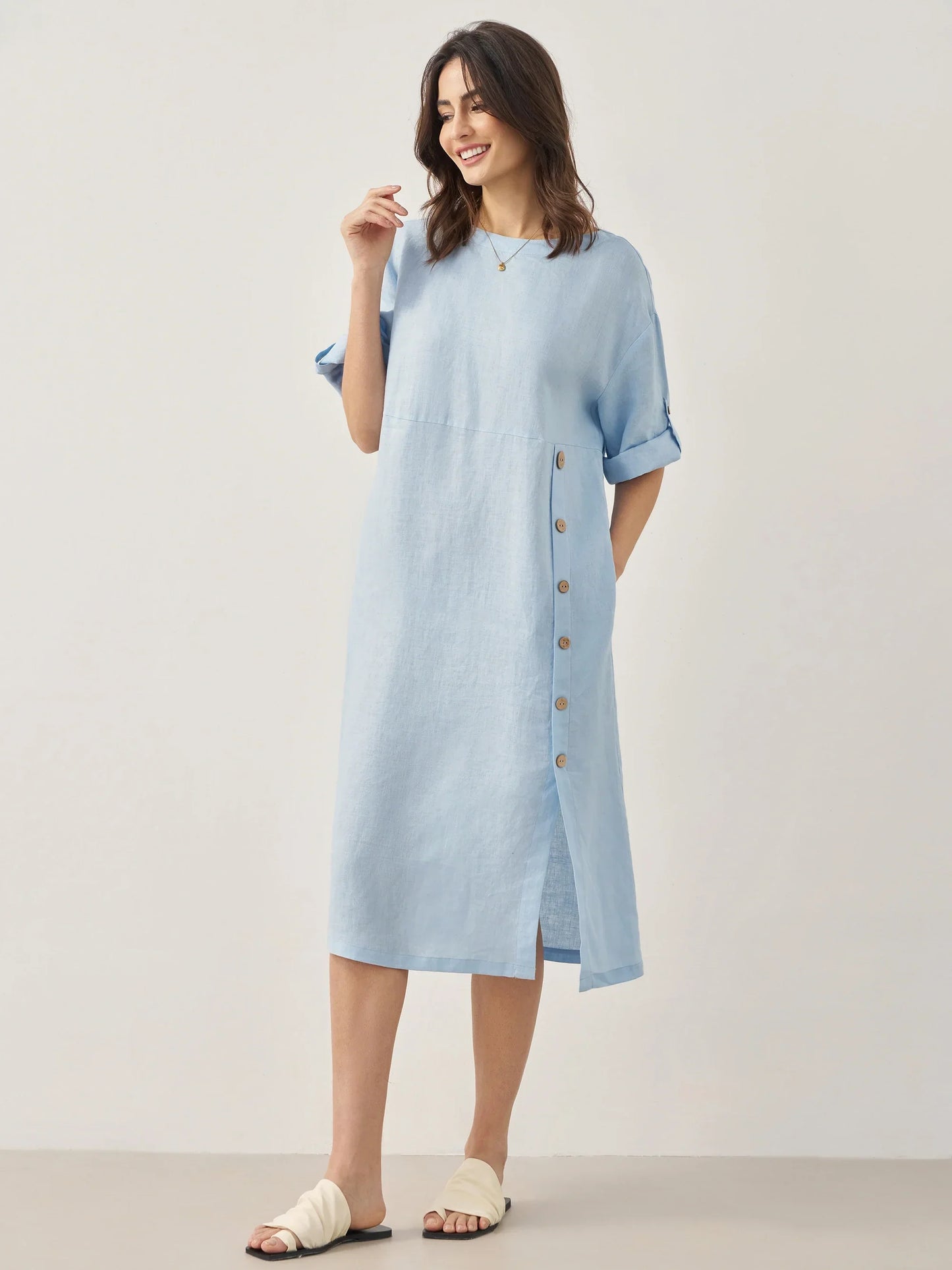 Linen Round Neck Button