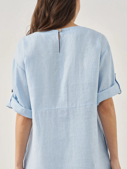 Linen Round Neck Button