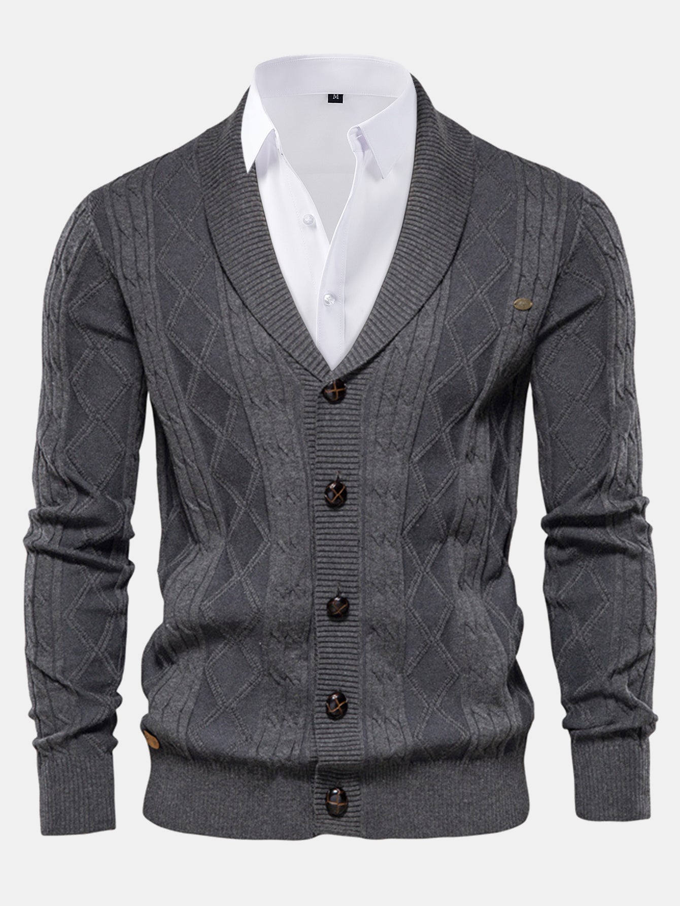 Geometric Jacquard Cardigan with Shawl Collar