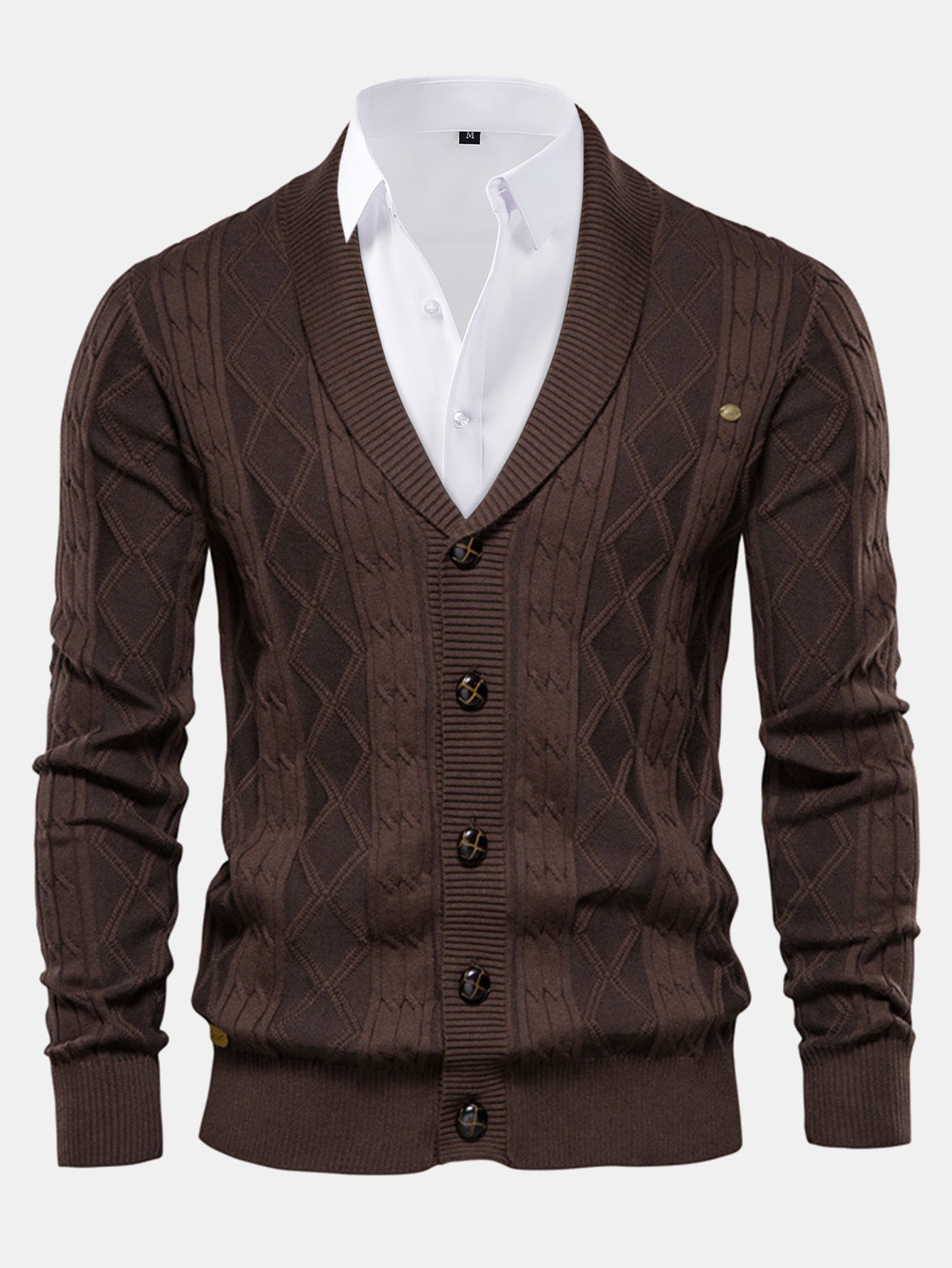 Geometric Jacquard Cardigan with Shawl Collar