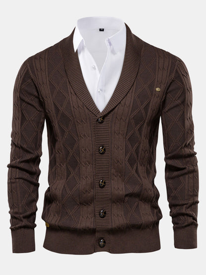 Geometric Jacquard Cardigan with Shawl Collar