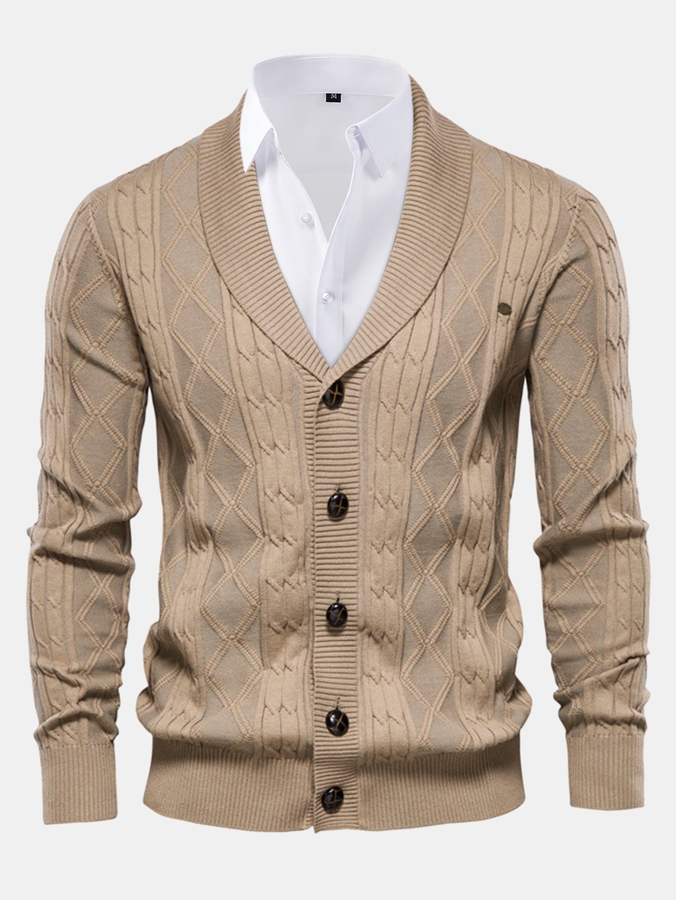 Geometric Jacquard Cardigan with Shawl Collar