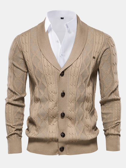 Geometric Jacquard Cardigan with Shawl Collar