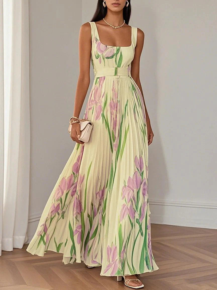 White Pleated Floral Maxi Dress