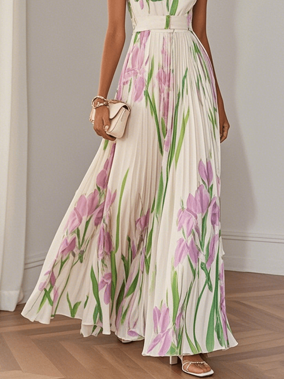 White Pleated Floral Maxi Dress