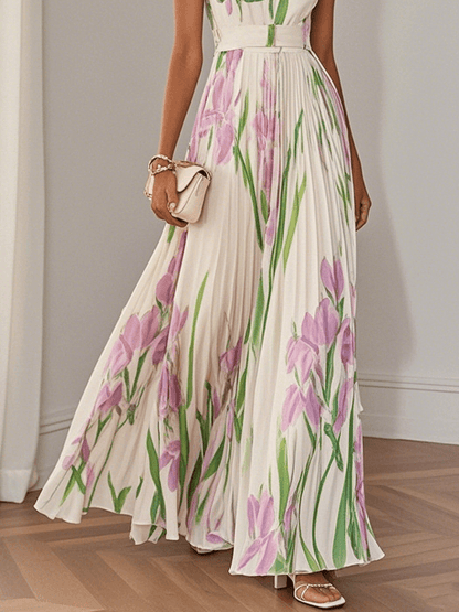 White Pleated Floral Maxi Dress