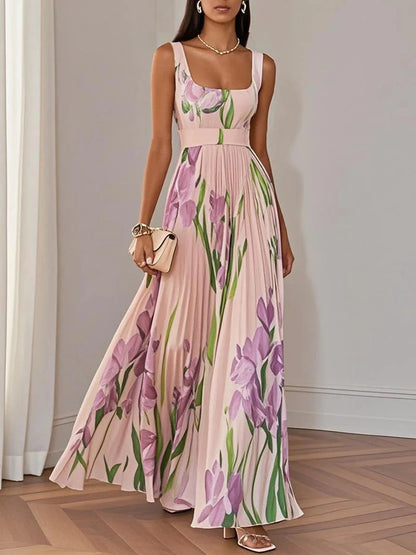 White Pleated Floral Maxi Dress