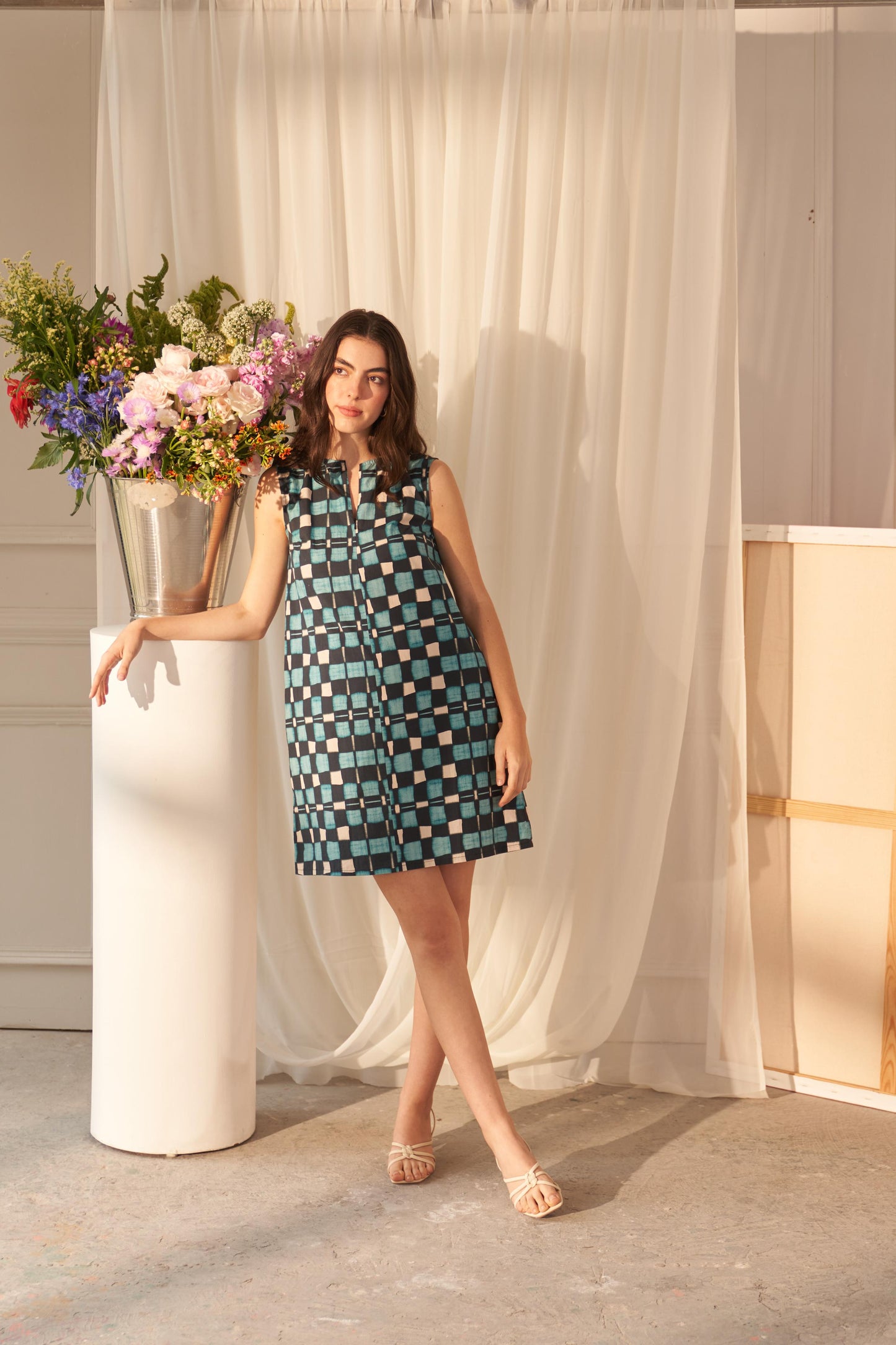 Blue Watercolour Check Schift Dress