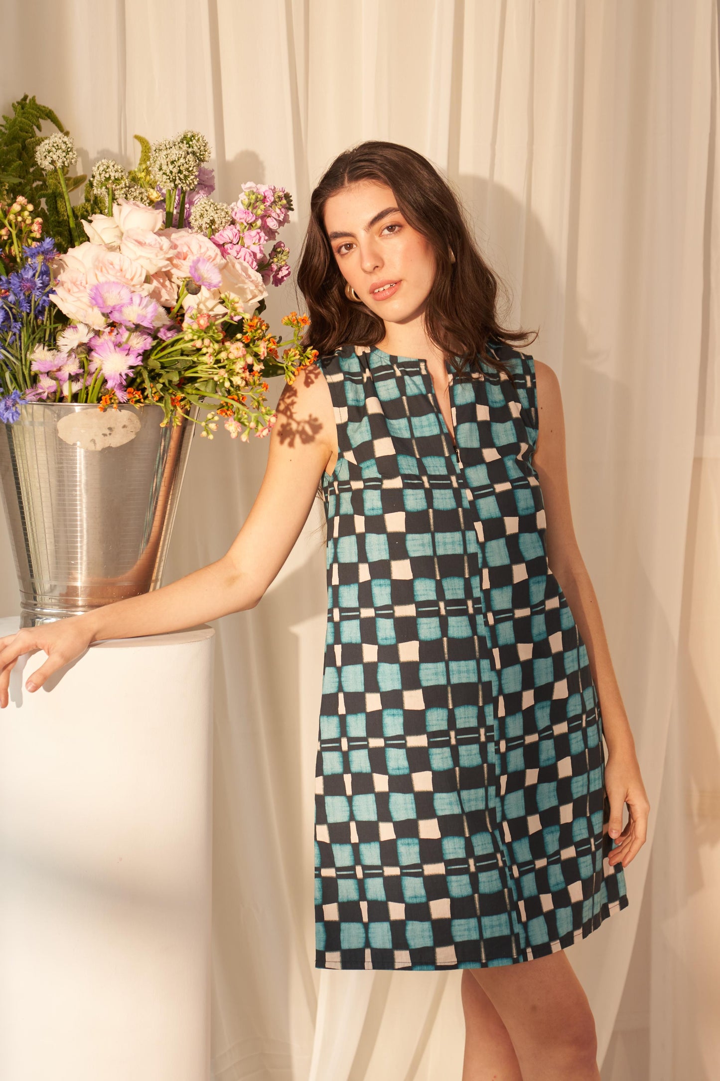 Blue Watercolour Check Schift Dress