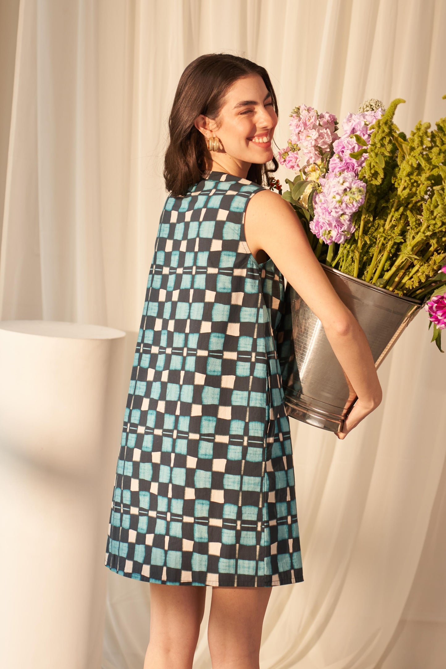 Blue Watercolour Check Schift Dress