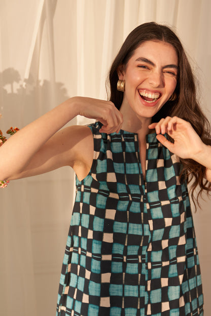 Blue Watercolour Check Schift Dress