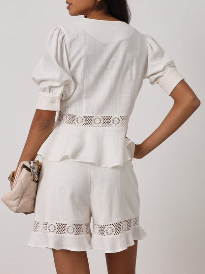 Ivory Cotton Lace Trim Peplum Top