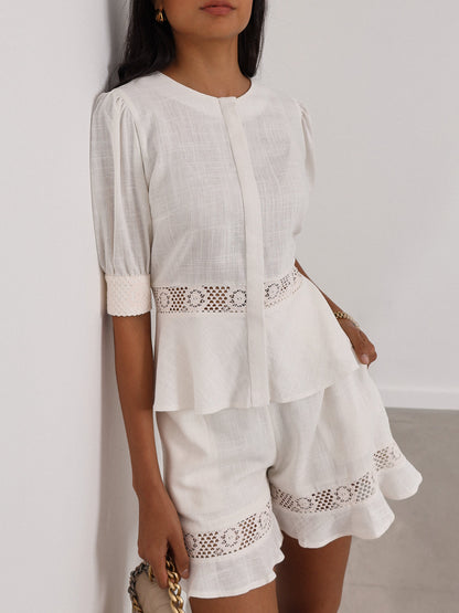 Ivory Cotton Lace Trim Peplum Top