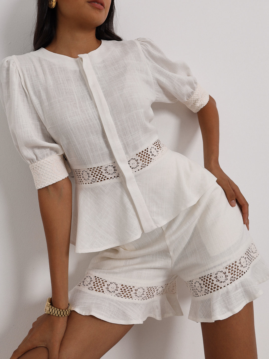 Ivory Cotton Lace Trim Peplum Top
