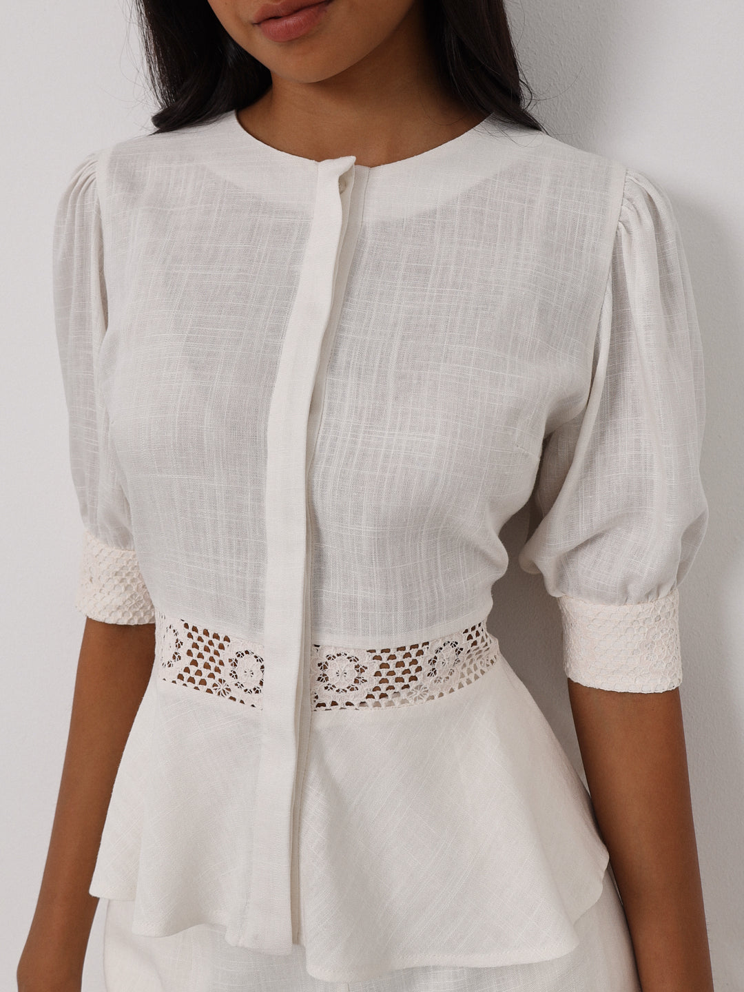 Ivory Cotton Lace Trim Peplum Top