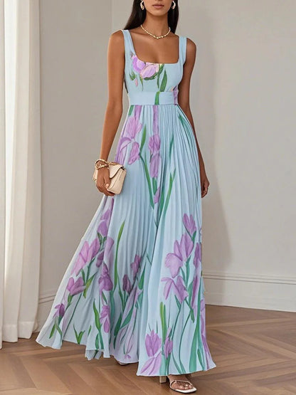White Pleated Floral Maxi Dress