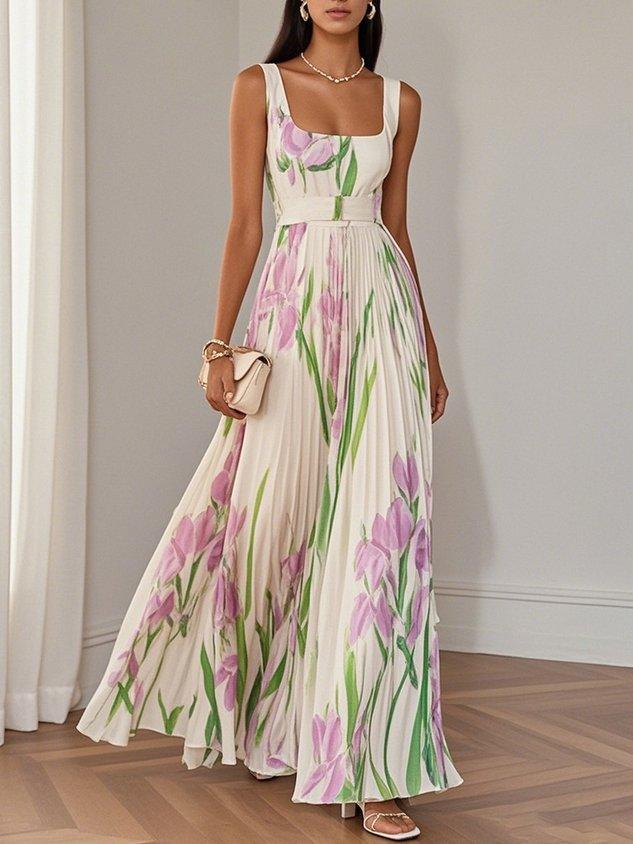 White Pleated Floral Maxi Dress