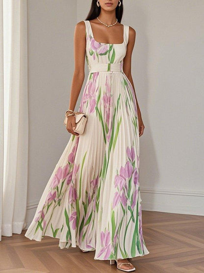 White Pleated Floral Maxi Dress