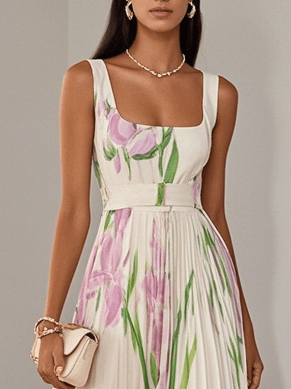 White Pleated Floral Maxi Dress