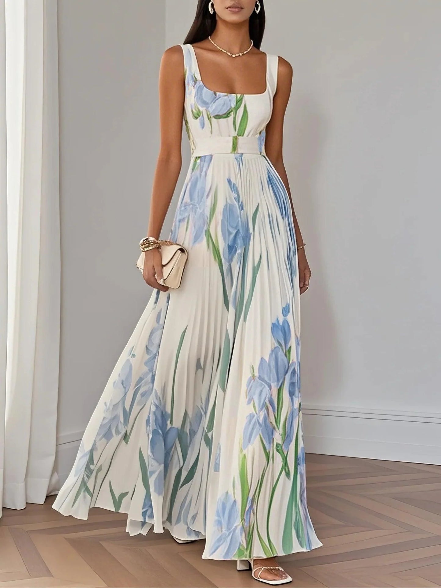 White Pleated Floral Maxi Dress