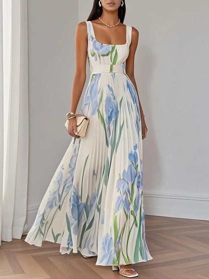 White Pleated Floral Maxi Dress