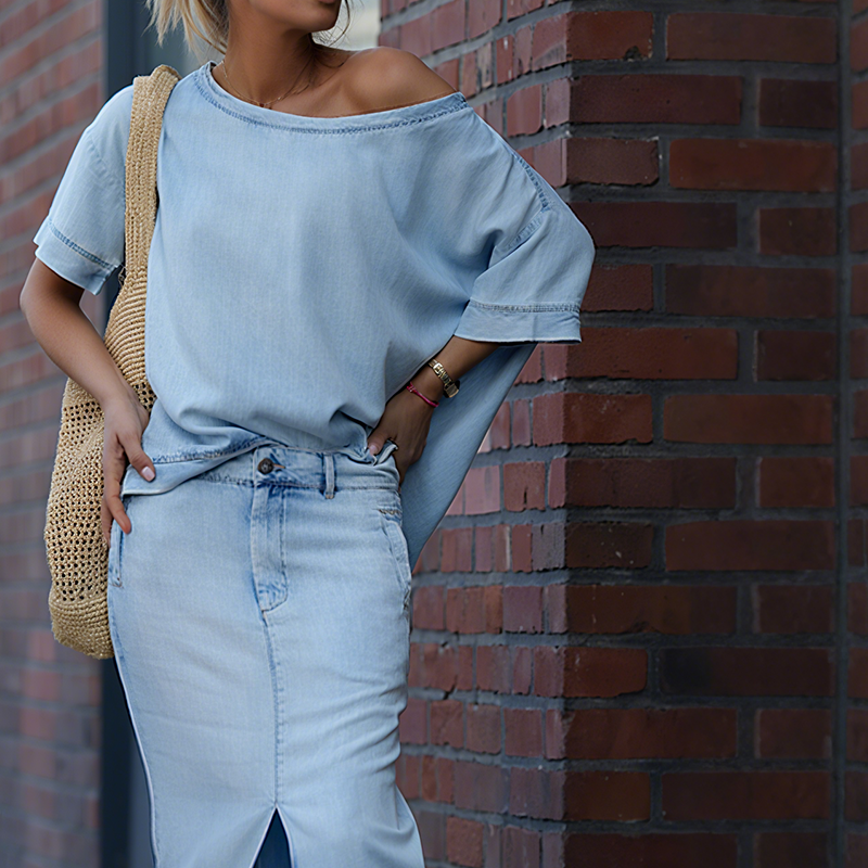 Asymmetrical Top & Denim Skirt Set
