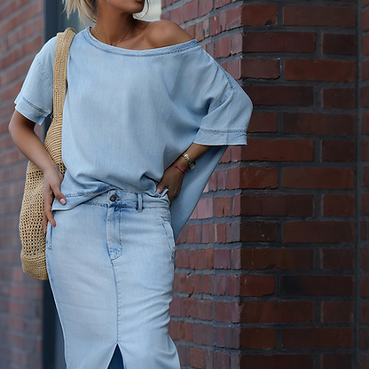 Asymmetrical Top & Denim Skirt Set